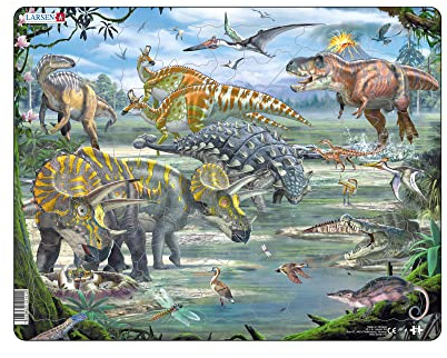 Larsen FH31 Dinosaur & Prehistoric Animal Jigsaw Puzzle – 65-Piece Educational Puzzle with Dinosaurs, Crocodile, Sea-Lion & More for Kids & Family