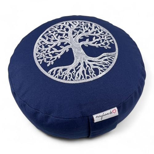 Cojín de meditación Maylow con bordado del árbol de la vida, 33 x 15 cm, relleno de espelta, funda y relleno 100 % algodón, color azul, tamaño 15