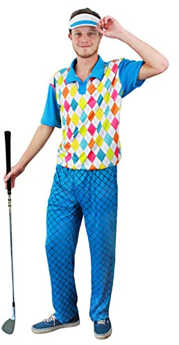 Golfdräkt för män – tjusig klänning blå topp i argyll stil + byxor + blått visir – perfekt för pub golf, golfklubba svensexa, sportevenemang i golf och andra maskeradevenemang
