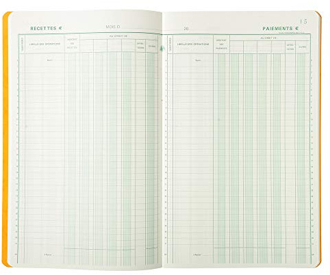 Exacompta - Réf. 7500E - 1 Piqûre JOURNAL DE CAISSE OU BANQUE - 2 libellés - 5 Débit et 5 Crédit - 31 lignes - 80 pages foliotées - format 320x195 mm - 4 couleurs aléatoires, jaune, bleu, rouge, vert