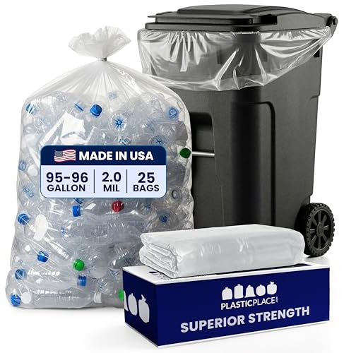 Plasticplace 95 Gallon Trash Bags, 2.0 Mil, 61W x 68H, Clear, 25/Case