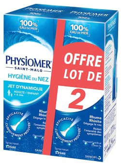 Physiomer Jet Dynamique – Hygiène du nez - Rhume et Rhinite – Dispositif médical – Spray nasal 100% Eau de mer à partir de 6 ans – Dégage le nez – Facilite l’élimination du mucus - Lot de 2 - 135 ml