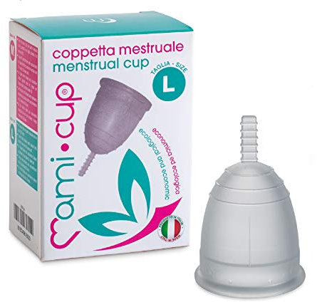 MAMICUP - Coppetta Mestruale Morbida in Silicone Medicale 100% Made in Italy, Totalmente Anallergica Priva di Lattice e Additivi, Coppette Mestruali per Ciclo - Taglia L - Trasparente