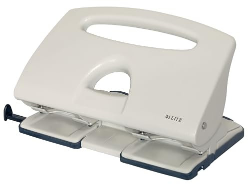 Leitz Doppellocher aus Metall, 40 Blatt, Anschlagschiene mit Formatangaben, Einfaches Lochen für die Ablage in Ringbüchern mit 4 Ringen, grau, 51320085