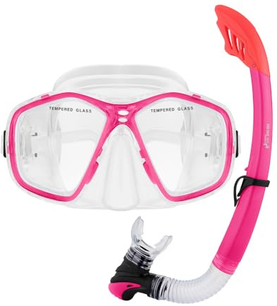 Two Bare Feet Adult PVC Snorkel & Mask Set – Anti-Fog Tempered Glass Diving Mask with Adjustable Snorkel for Snorkelling, Swimming & Scuba Diving (Pink)