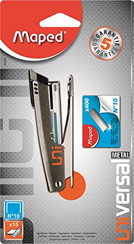Maped - Agrafeuse Metal Universal Pocket - Compatible Agrafes N°10 - Capacité 15 Feuilles - Avec Recharge de 400 Agrafes n°10 - Garantie 5 ans