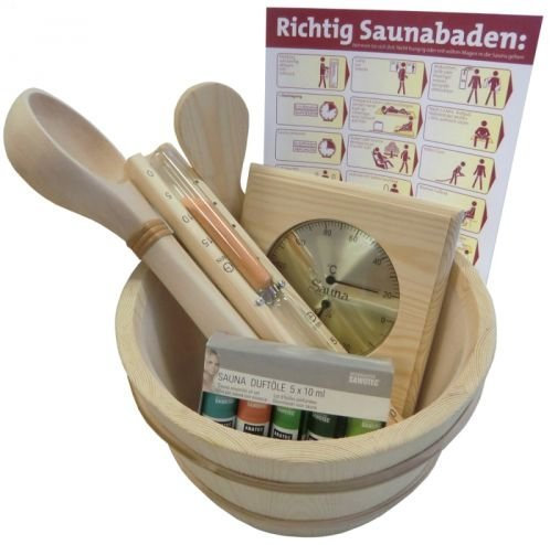 WelaSol® Saunaset 11 teilig Kübel Saunakelle Sanduhr Thermo-Hygrometer 5 Duftöl Baderegeltafel