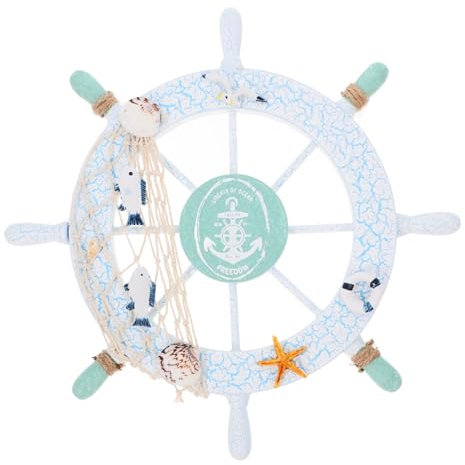 rosenice - Decorazione da parete a forma di timone con gabbiano, conchiglia, rete da pesca, ancora e stella marina