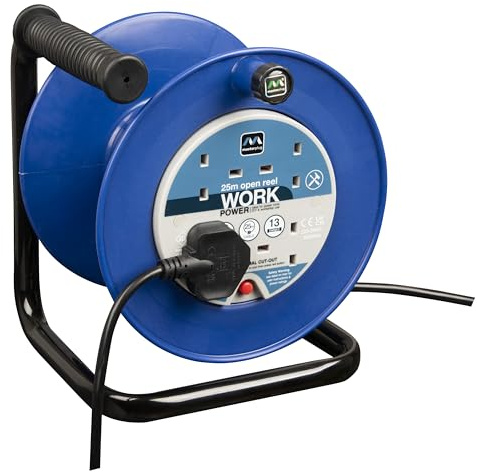 Masterplug Four Socket, 25 Metre Open Cable Reel, Medium Extension Lead Reel, Wind-Up Power Retractable Cord Reel, Heavy Duty, Thermal Cut Out, Work Power, Blue/Black, 13A, 4G, 25m, LDCC2513/4BL