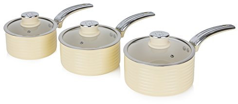 Swan Retro Induction Saucepan Set With Glass Lids, Non Stick Ceramic Coating, Easy to Clean, Cream, 3 Piece, 16/18/20 cm