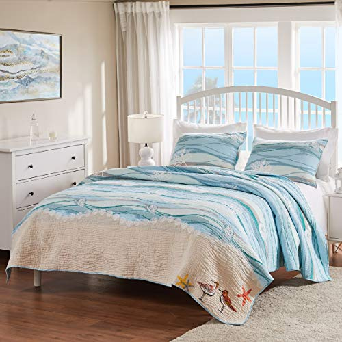 Greenland Home Maui Embroidered Coastal Quilt Set, Full/Queen (3-Piece)