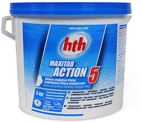 HTH 200g Multifunktions Chlortabletten 5,0 kg Eimer - 5 Wirkungen in einem Produkt