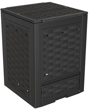TOOMAX Composter da giardino Rattan 300L antracite, 60x60x83h cm, contenitore per compostaggio in plastica riciclata, resistente ai raggi uv, con coperchio e sportello per aerazione