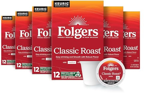 Folgers Classic Roast, Medium Roast Coffee, Keurig K-Cup Pods, 12 Count Boxes (Pack of 6)