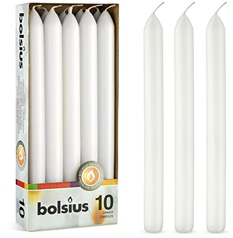 BOLSIUS White Candles 10 Pack - 9 Inch Straight Taper Candle Set - 8 Hour Candlesticks - Fits Most Standard Candle Holders - Premium European Quality - Household, Dinner, Wedding, & Party Candlesticks