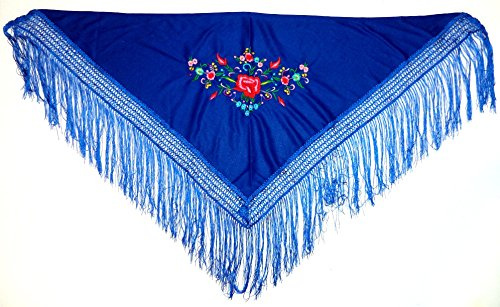 Halv Manila Sjal (Peak). Färg Blå. Mått: 110x50 cm. (fransar på 17 cm. ingår inte i mätningarna) Broderi upptar 27x16 cm., blå, M