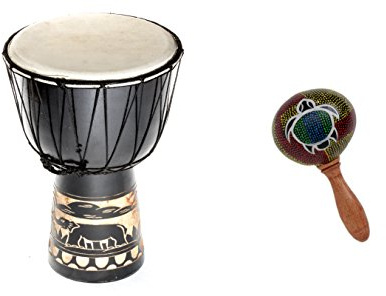 Große 50cm Djembe Holz Trommel Bongo Ziegenfell Elefant Schwarz + Rassel Schildkröte R1