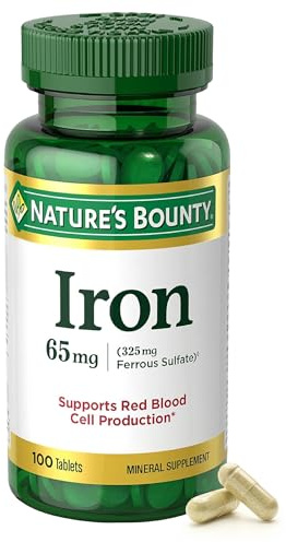 Nature’s Bounty Iron 65mg, 325 mg Ferrous Sulfate, Cellular Energy Support, Promotes Normal Red Blood Cell Production, 1 Serving Per Day, Gluten Free, 100 Vegetarian Tablets