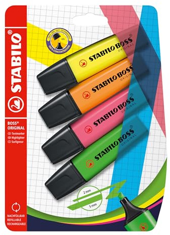 STABILO BOSS ORIGINAL - Highlighter - Pack of 4 - Green, Pink, Orange, Yellow