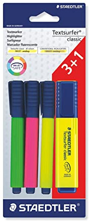 Staedtler Textmarker Textsurfer classic, hohe Qualität, mit großem Tintenspeicher für extra lange Markierleistung, Promotion 3+1 GRATIS, Blisterkarte mit 4 Textmarkern, 364 A BK4D | Stort bläckminne, kilspets 1–5 mm – 97 % återvunnen plast – artikelnr 364 A BK4D