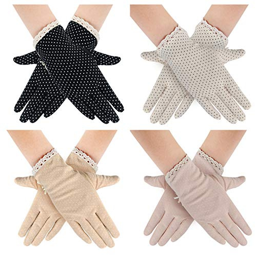 MarJunSep 4 Pairs Summer Women Dots Sun Uv Protection Gloves Cotton Lace Anti-skid Driving Gloves