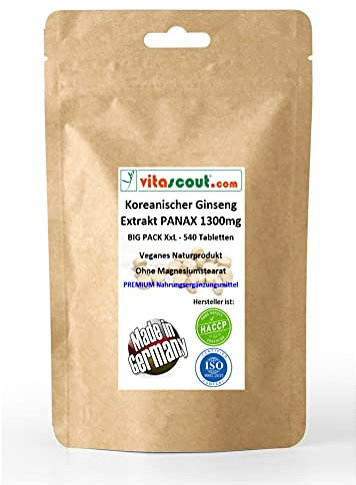 Koreanischer Ginseng, 540 Tabletten, Panax Extrakt, Entspricht 1300 mg Pulver pro Tablette, Hochdosiert, Vegan, Ohne Magnesiumstearat, Nahrungsergänzungsmittel