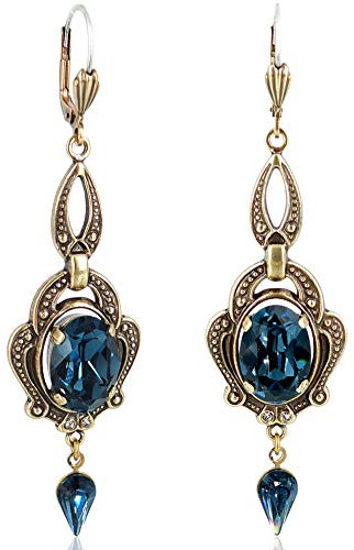 Jugendstil Ohrringe Gold Blau Kristalle Retro Ohrhänger Dunkelblau NOBEL SCHMUCK