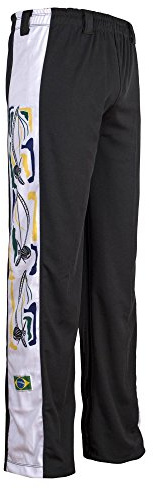 JL Sport Authentische Brasilianische Capoeira Kampfkunst Junge Hose (Schwarz Mit Berimbau Drucken Entlang Bein) - 9-10