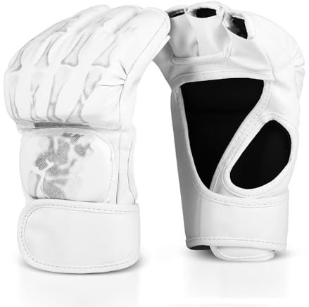 Flexzion MMA-Handschuhe- 8oz Grappling Muay Thai Martial Arts Kampf UFC Sparring Schlagen Boxen PU-Leder-Trainingshandschuhe mit Klettverschluss, EIN Paar für Erwachsene Männer, Weiß