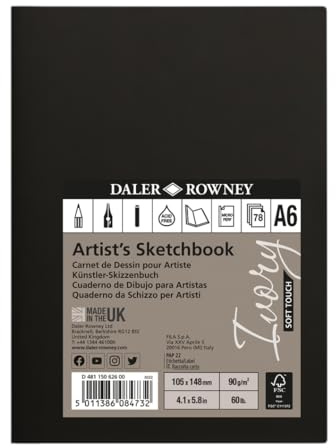 Daler-Rowney Ivory Skizzenbuch, glatte Oberfläche, 90 g/m², 27,2 kg, perfekt gebunden, weicher Einband, Hochformat, A6, 10,5 x 14,8 cm, elfenbeinfarben, 78 Blatt