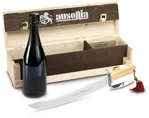 Ausonia - 61355 GESCHENKBOX AUS HOLZ MIT CHAMPAGNER-SÄBEL MIT KLINGE AUS GEHÄRTETEM AISI 420 MA4 EDELSTAHL MIT OLIVENHOLZGRIFF 34 CM UND EINE FLASCHE PROSECCO DI VALDOBBIADENE DOCG.