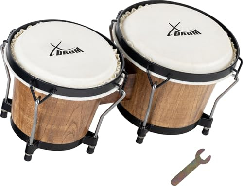 XDrum PERC Bongos Club Burdeos - 2 tambores de 6 y 7 - Bongos con parches naturales afinables y llave de afinación - Tambores de madera Tobacco