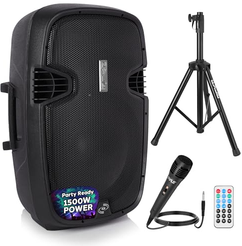 Pyle PPHP155ST Wireless Portable PA Speaker System - 1500W High Powered Bluetooth Compatible Active Outdoor Sound Speakers w/ USB SD MP3 RCA - 35mm Mount, Stand, Microphone, Power Cable, Black, 15