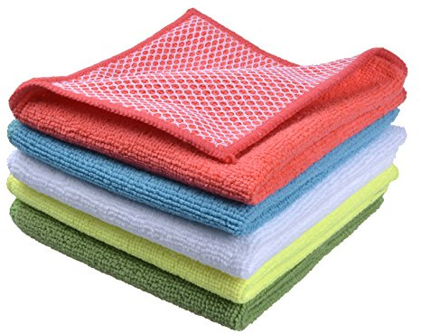 SINLAND Microfiber Dish Cloth Towels with Poly Scour Side Best Kitchen Cleaning Cloths Rags 12x12 5 Pack 5 Color Assorted (Pink+Blue+White+Yellow+Green)