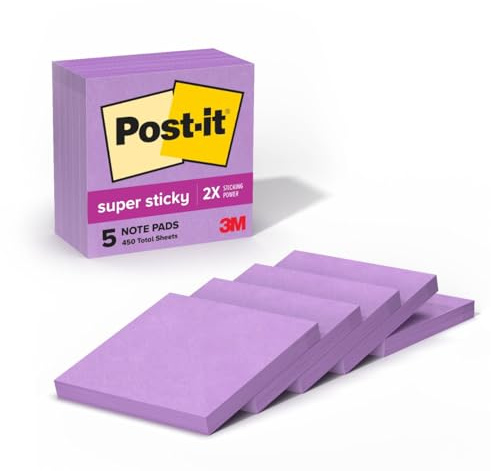 Post-it Super Sticky Notes, 2X Sticking Power, 3 in x 3 in, Mulberry, 5 Pads/Pack (654-5SSCG)