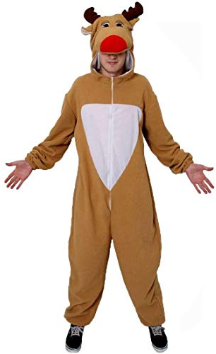Reindeer Costume Adults Christmas Fancy Dress Onesie - Fleece Jumpsuit With Attached Reindeer Hood - Xmas Outfit Rudolph Santa'S Helper Rudolf Reindeer - Size: Small