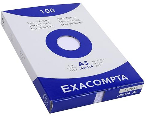 Exacompta 13308E Packung (mit 100 Karteikarten, ungelocht DIN A5, 148 x 210 mm, 205 g, blanko, ideal für die Schule) 1er Pack weiß