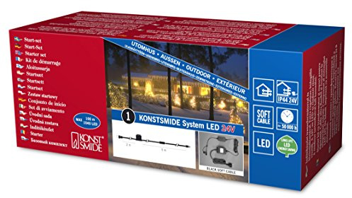 Konstsmide LED System Anschlusskabel für 1040 Dioden / 100 Meter, inkl. Feinsicherung t1.25 A (2 x Ersatzsicherung), 24V Außentrafo. 60 VA (IP44), schwarzes Soft-Kabel - 4600-007