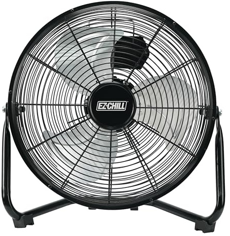 EZ-CHILL 12” Cradle Floor Fan, 3 Speed, High Velocity, 180 Degree Adjustable Tilt, All-Metal, Carry Handle, Rubber Feet, Airflow 15.42 ft/sec, Ideal for Home, Bedroom & Office, Black