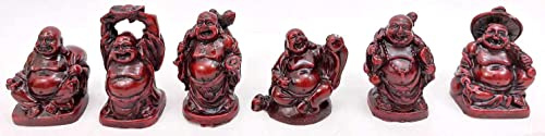 JapanBargain 3578, Set of 6 Mini Laughing Buddha Statues, 2-Inch Rosewood Color Feng Shui Happy Buddha Figurines for Good Luck, Wealth, and Home Office Decor