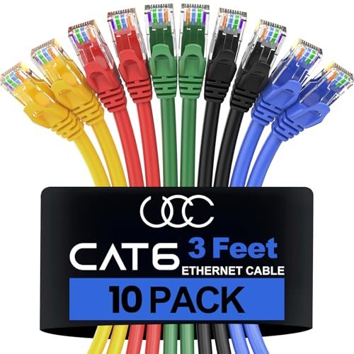 Ultra Clarity Cables Cat 6 Ethernet Cable 3 Feet, 10 Pack, 5 Colors