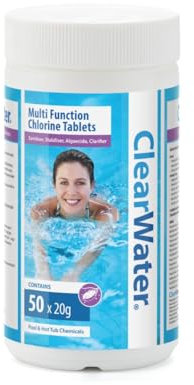 Clearwater 1 kg Multifunction Chlorine Tablets, 4-in-1 Dispenser Tablets (Sanitiser, Stabiliser, Algaecide and Clarifier) for Pools and Hot Tubs, 50 x 20 g, White