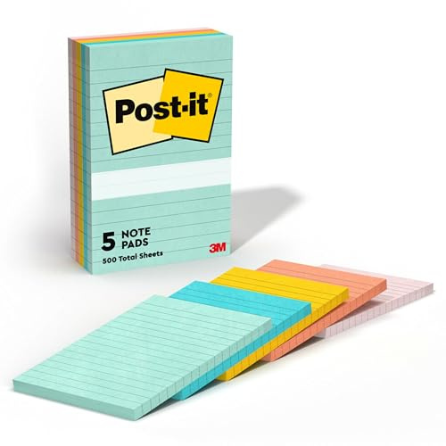 Post-it Notes, 4 in x 6 in, 5 Lined Sticky Note Pads, 100 Sheets per Pad, Beachside Café Collection, New Year Organization or Second Semester School Supplies
