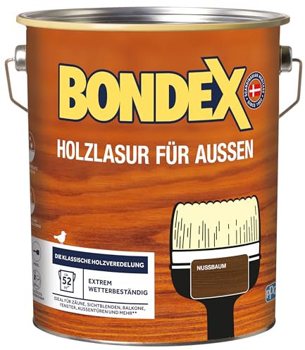 Bondex Holzlasur für Außen Nussbaum 4 L für 52 m² | Hoher Wetter- und UV-Schutz | Natürliches Abwittern - kein Abplatzen | seidenmatt | Holzschutzlasur | Holzlasur