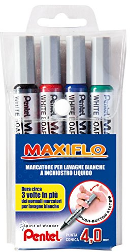 Pentel MWL5S Maxiflo Marqueur pour tableau blanc pointe 4.0 mm 4 pièces noir/rouge/bleu/vert
