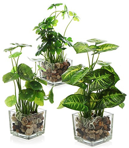 MyGift Set of 3 Fake Plants, Small Artificial Potted Plants Indoor in Clear Glass Pot, 9.5 Inch Faux Plant for Home Decor