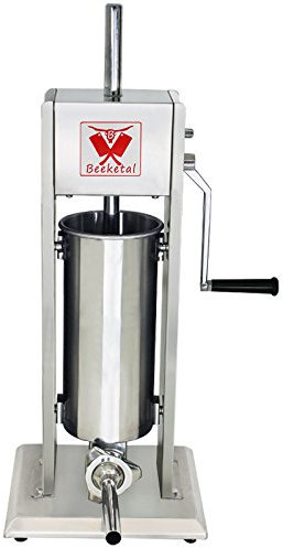 Beeketal 'BT05' Edelstahl Industrie Wurstfüllmaschine (5 L Volumen) SGS-geprüft, Profi Wurstfüller mit gehärtetem 2 Gang Vollmetall-Getriebe und 90° Aluguss Handkurbel, inkl. 5 Fülltüllen