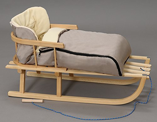 Holzschlitten Kinderschlitten Rodelschlitten Schlitten Klassischer aus Buchenholz mit Rückenlehne mit Winterfußsack aus Holz 90cm | 10 Farben (Mokka)