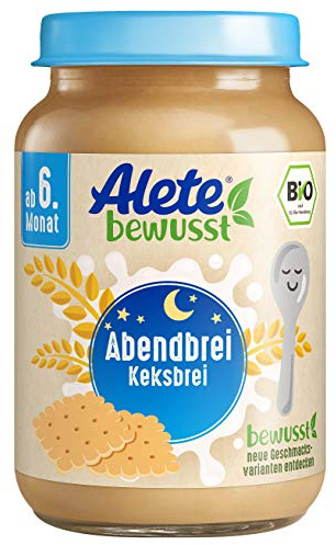 Alete bewusst BIO-Abendbrei Keksbrei, ab dem 6. Monat, Babybrei mit Magermilch & Keksmehl zum Löffeln, Bio Babynahrung aus dem Glas, 6 x 190 g