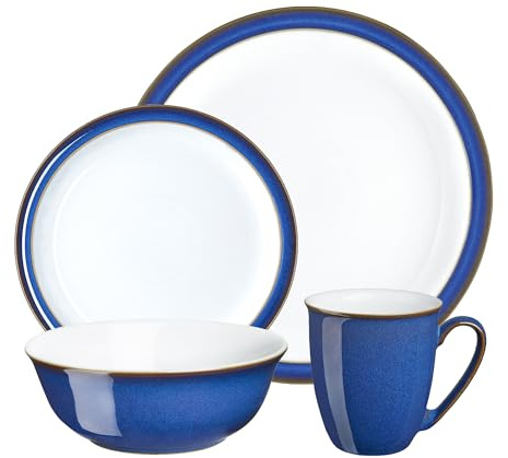 Denby Imperial Blue Dinner Set For 4 - 16 Piece Ceramic Tableware Set - Blue, White - Dishwasher Microwave Safe Crockery Set - 4 Dinner Plates, 4 Small Plates, 4 Cereal Bowls, 4 Coffee Mugs